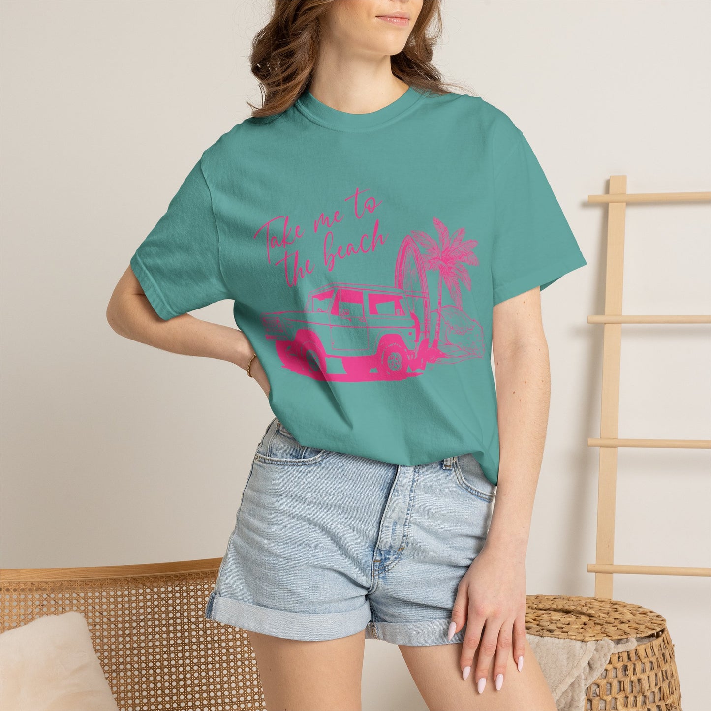 Take Me To The Beach jeep graphic T-Shirt | surf palm tree